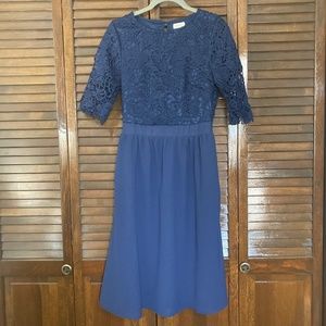 Roolee Navy Dark Blue Lace Top Knee Length Short Sleeve Dress w/ Pockets Sz S